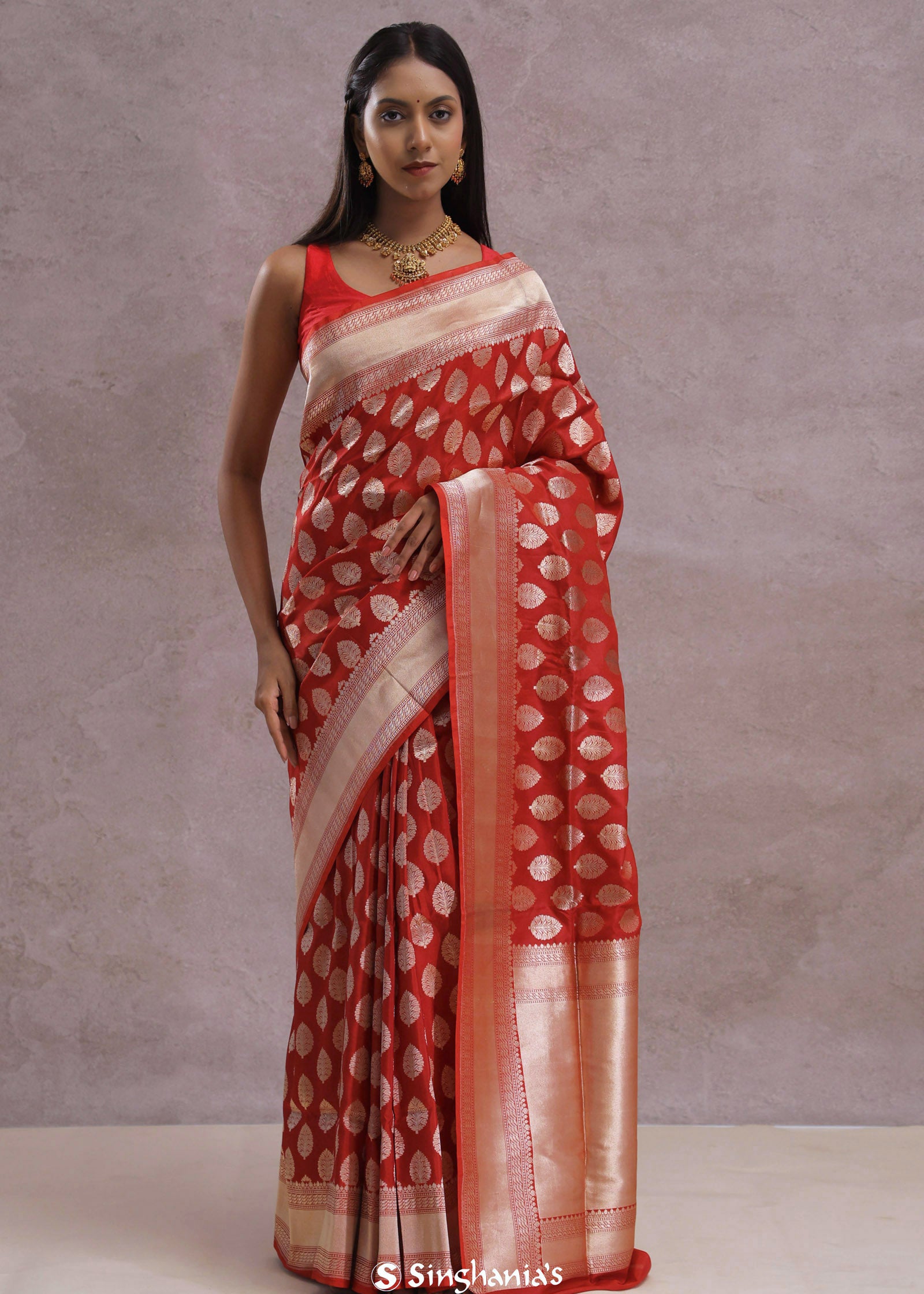 Red Banarasi Silk Saree With Gold Zari Border