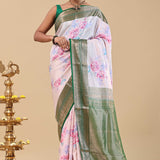 Dark Green Kanjivaram Saree With Floral Digital Prints