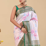 Dark Green Kanjivaram Saree With Floral Digital Prints