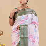 Dark Green Kanjivaram Saree With Floral Digital Prints