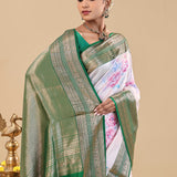 Dark Green Kanjivaram Saree With Floral Digital Prints