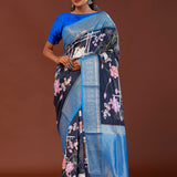 Midnight Blue Digital Printed Kanjivaram Saree