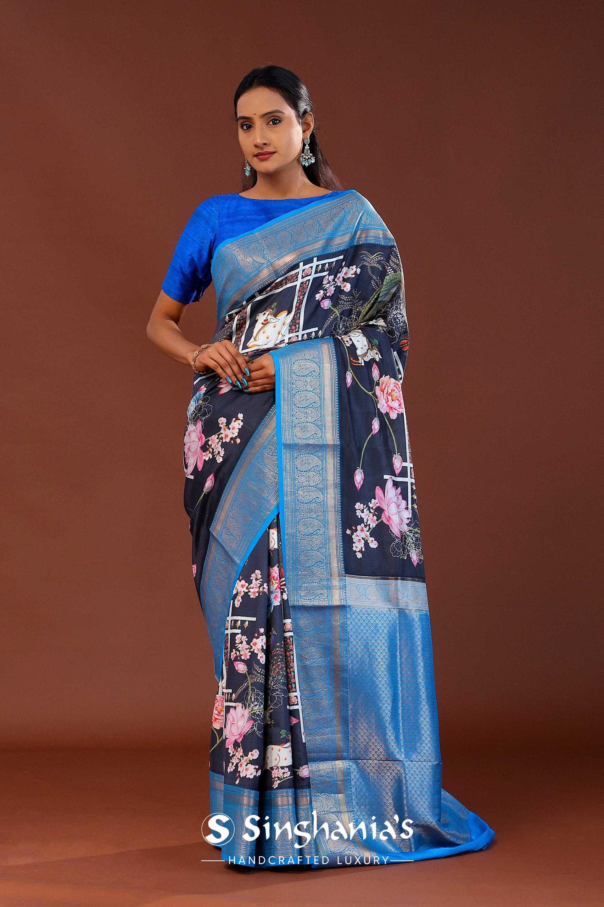 <img> Midnight Blue Digital Printed Kanjivaram Saree