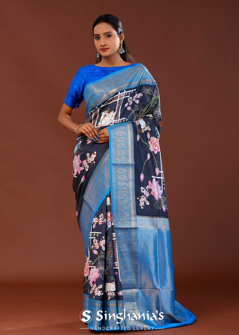 <img> Midnight Blue Digital Printed Kanjivaram Saree