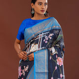 Midnight Blue Digital Printed Kanjivaram Saree