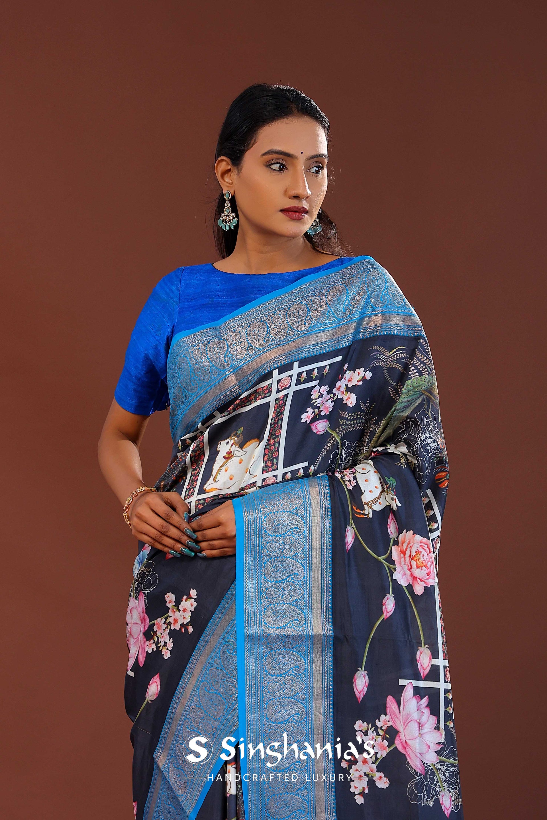 <img> Midnight Blue Digital Printed Kanjivaram Saree
