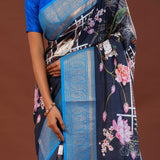 Midnight Blue Digital Printed Kanjivaram Saree