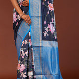 Midnight Blue Digital Printed Kanjivaram Saree