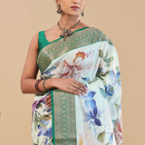 Cream Kanjivaram Saree With Floral Digital Print