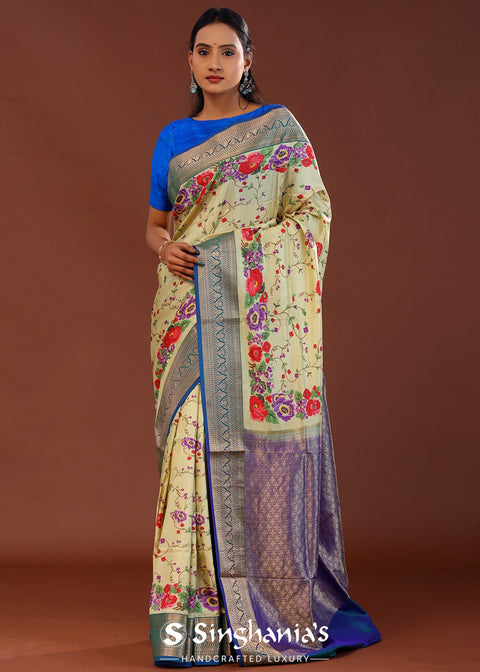<img> Banana Cream Digital Printed Kanjivaram Saree