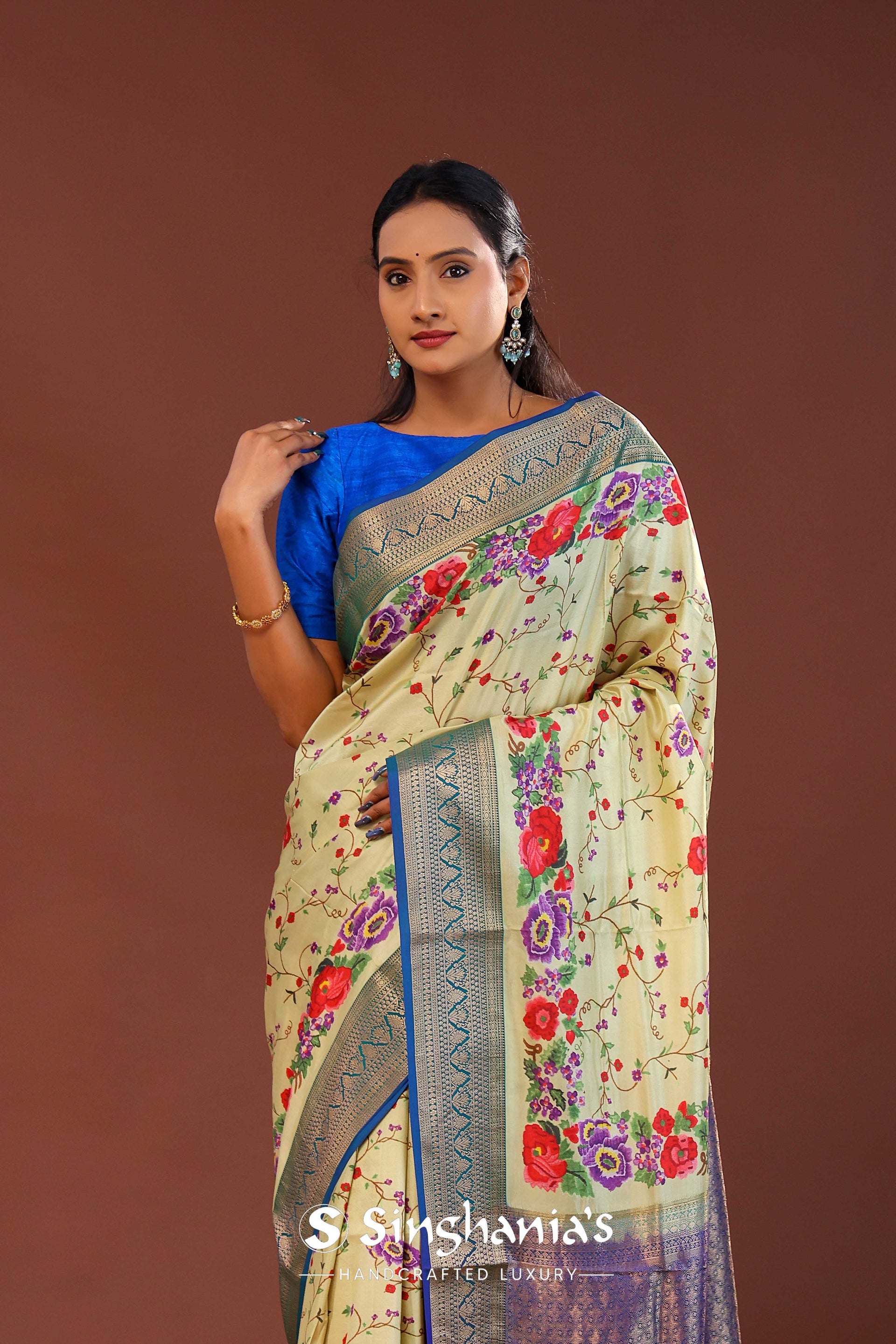 <img> Banana Cream Digital Printed Kanjivaram Saree