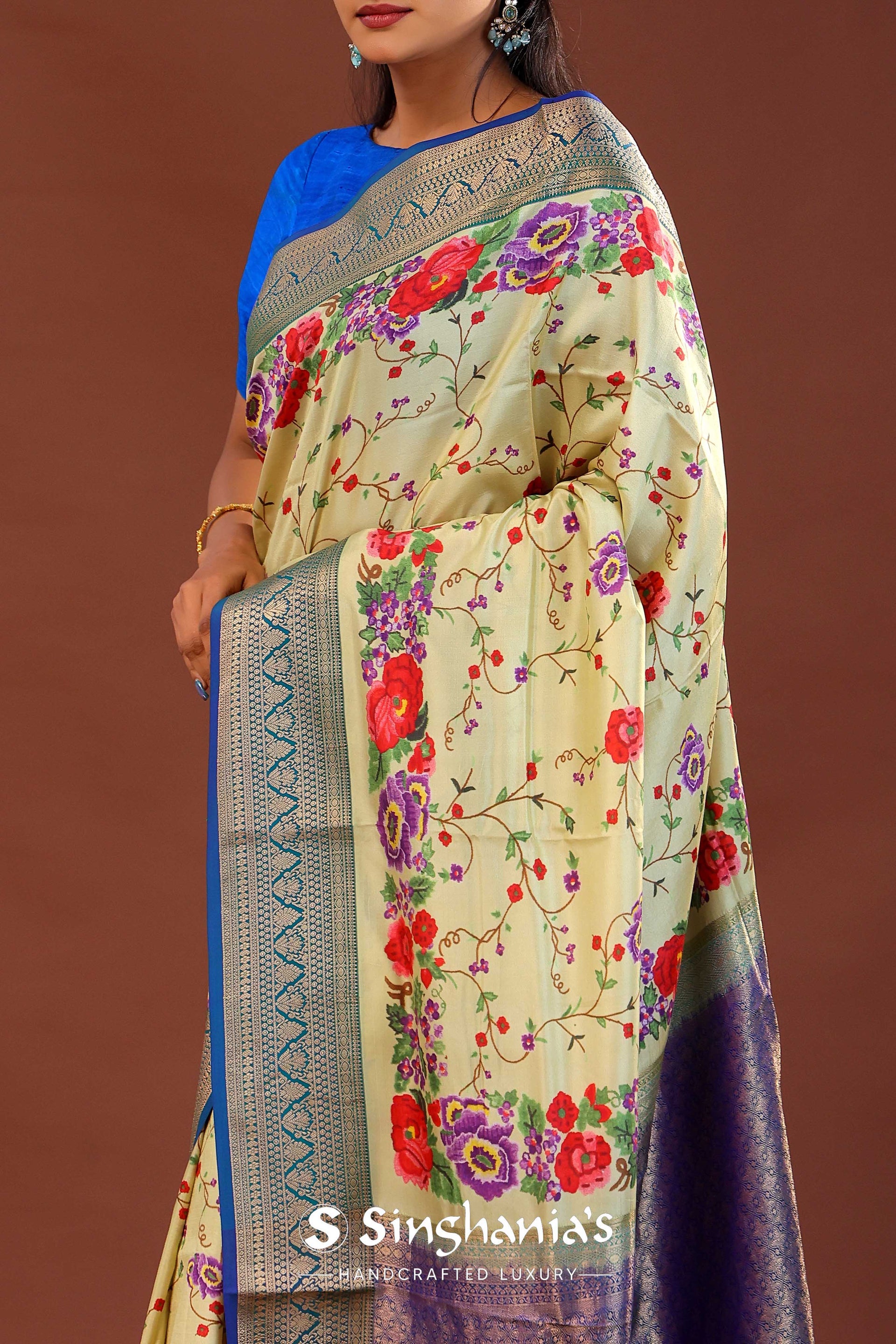 <img> Banana Cream Digital Printed Kanjivaram Saree