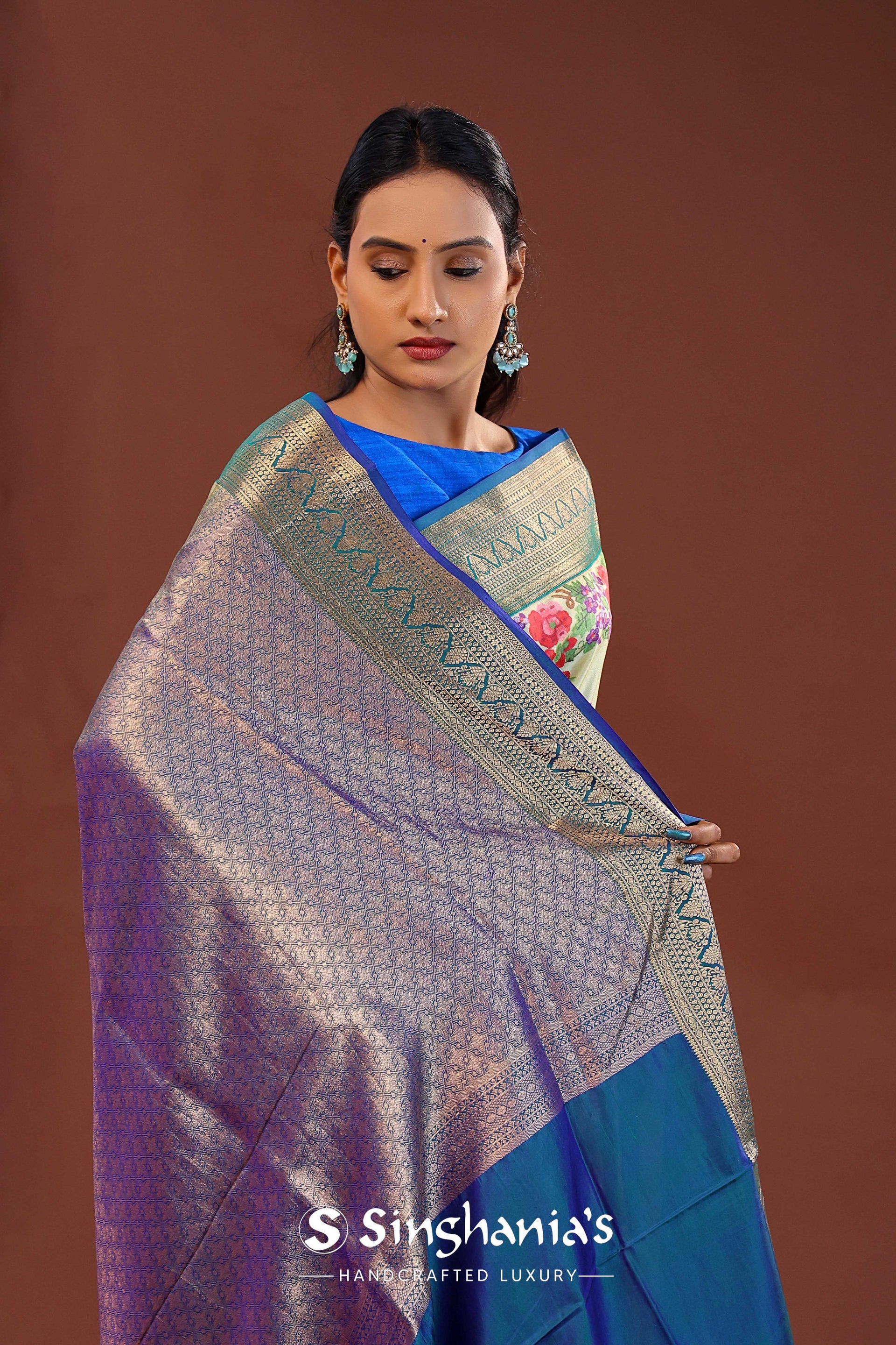<img> Banana Cream Digital Printed Kanjivaram Saree