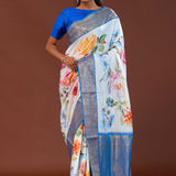 Off-White Digital Printed Kanjivaram Saree