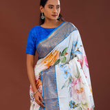 Off-White Digital Printed Kanjivaram Saree