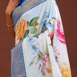 Off-White Digital Printed Kanjivaram Saree