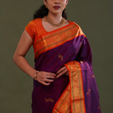 Very Dark Violet Kanjivaram Silk Saree With Peacock Motifs