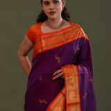 Very Dark Violet Kanjivaram Silk Saree With Peacock Motifs