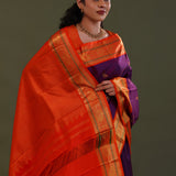 Very Dark Violet Kanjivaram Silk Saree With Peacock Motifs