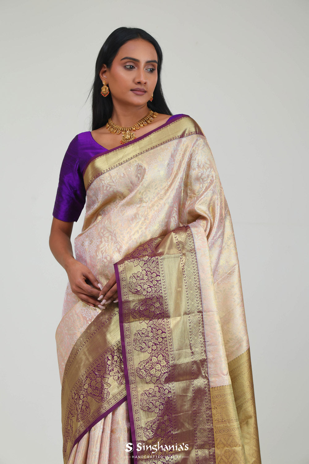 Pink Gold Kanjivaram Silk Jaal Saree