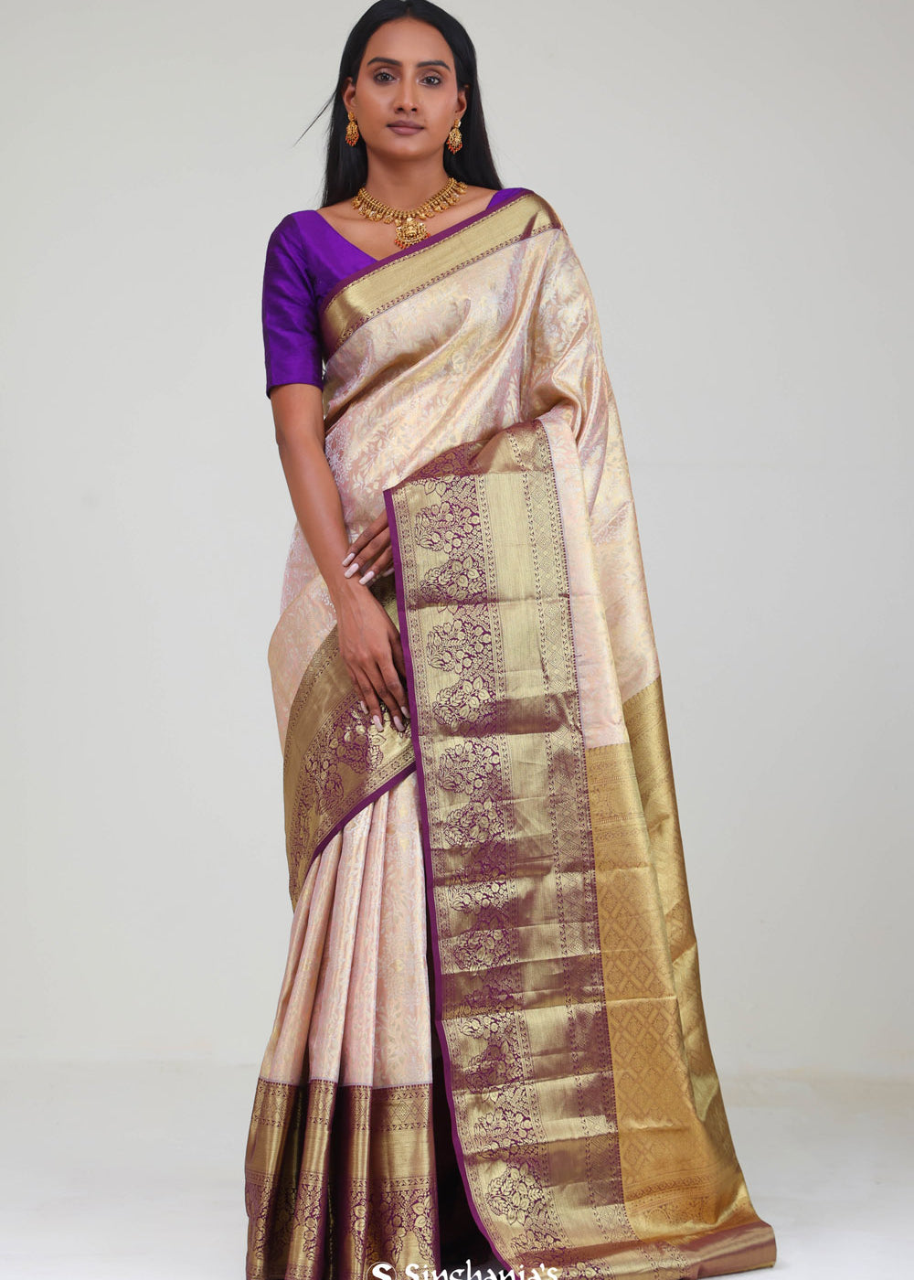 Pink Gold Kanjivaram Silk Jaal Saree