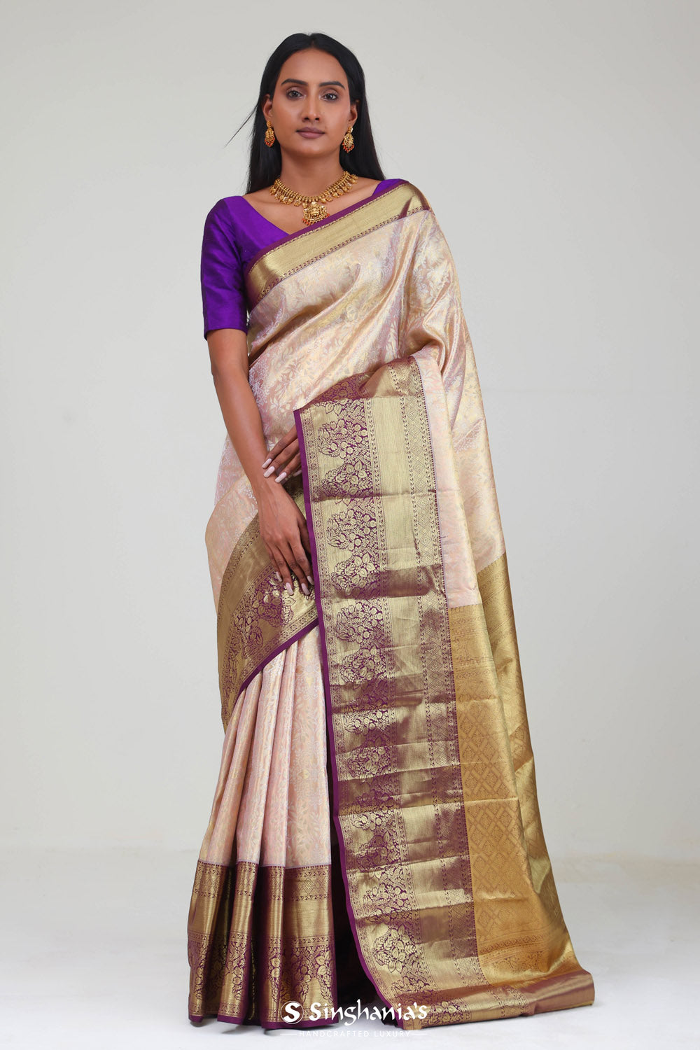 Pink Gold Kanjivaram Silk Jaal Saree