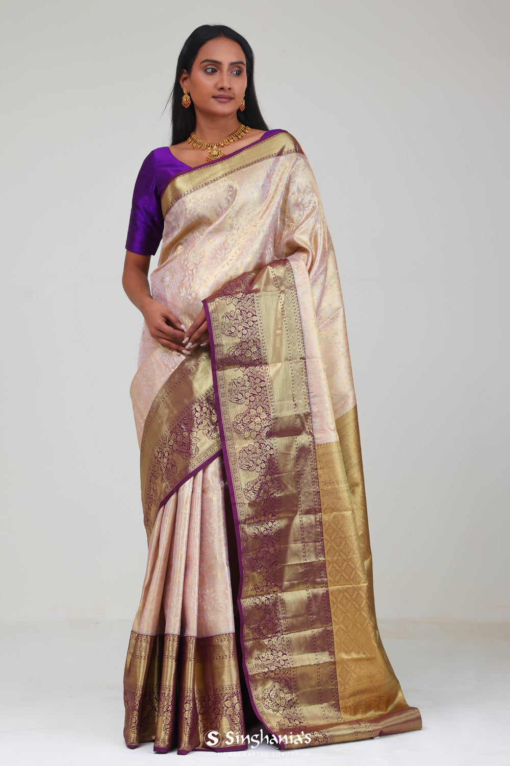 Pink Gold Kanjivaram Silk Jaal Saree
