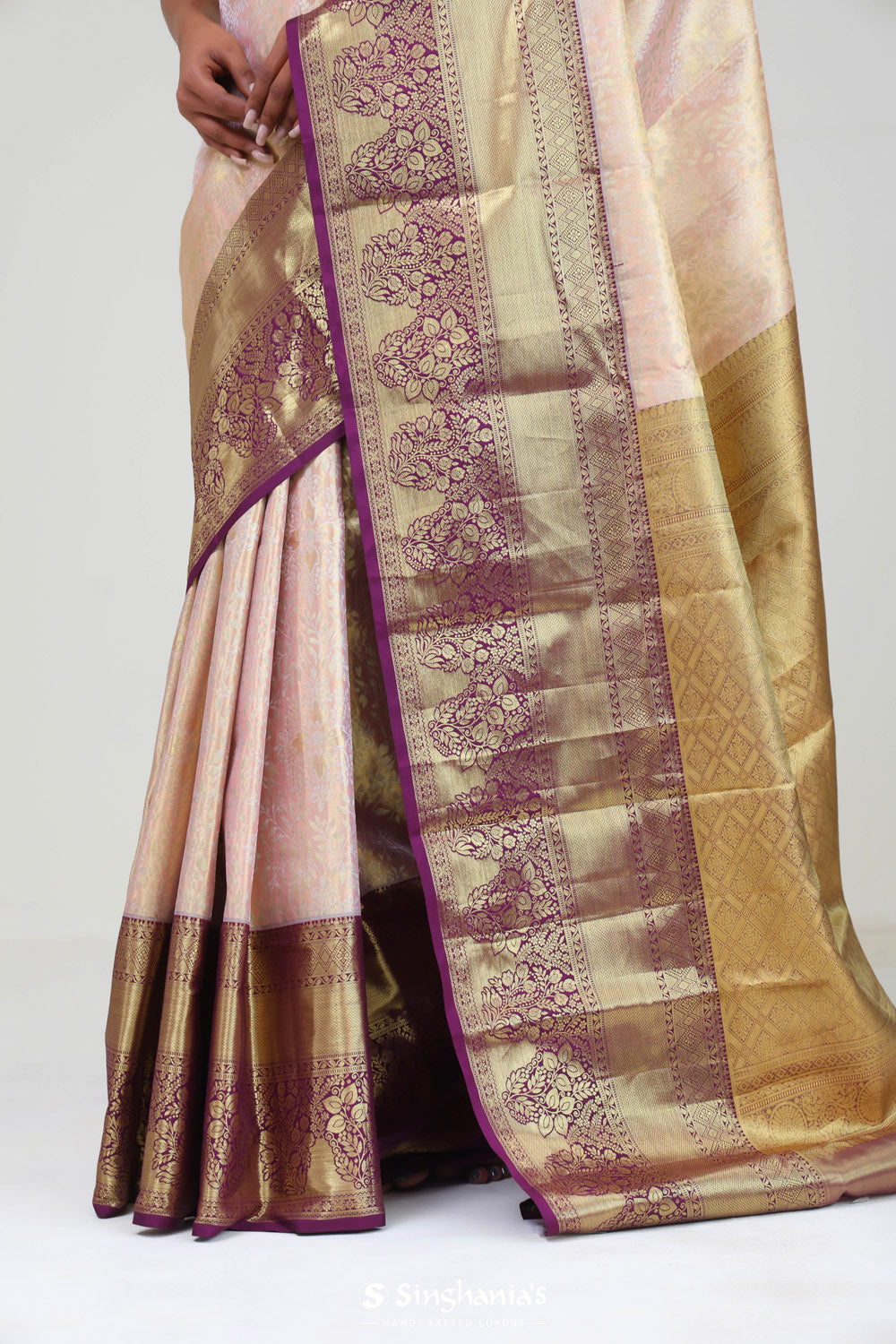 Pink Gold Kanjivaram Silk Jaal Saree