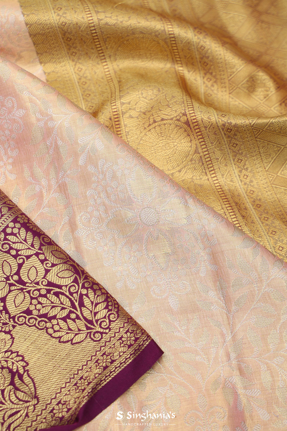 Pink Gold Kanjivaram Silk Jaal Saree