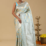Blue Kanjivaram Tissue Saree With Silver Border