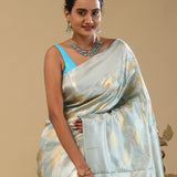 Blue Kanjivaram Tissue Saree With Silver Border