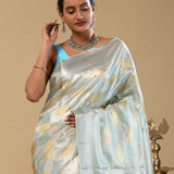 Blue Kanjivaram Tissue Saree With Silver Border