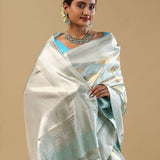Blue Kanjivaram Tissue Saree With Silver Border