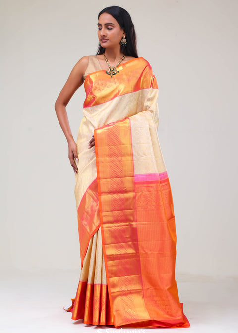 Seashell White Jaal Kanjivaram Silk Saree