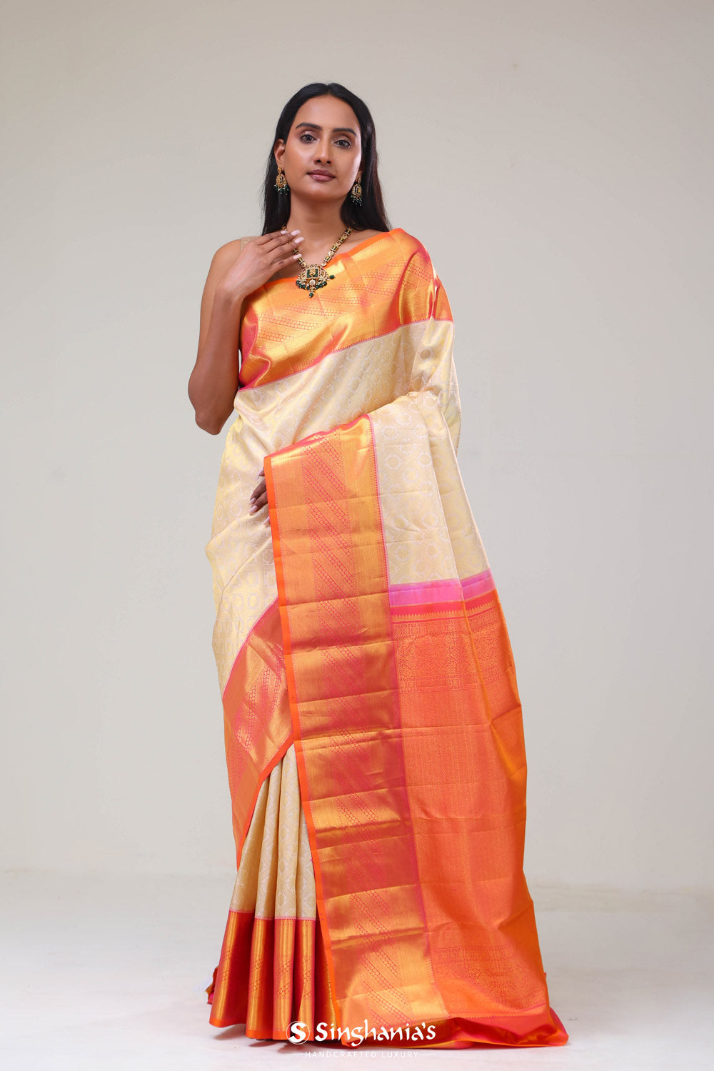 Seashell White Jaal Kanjivaram Silk Saree