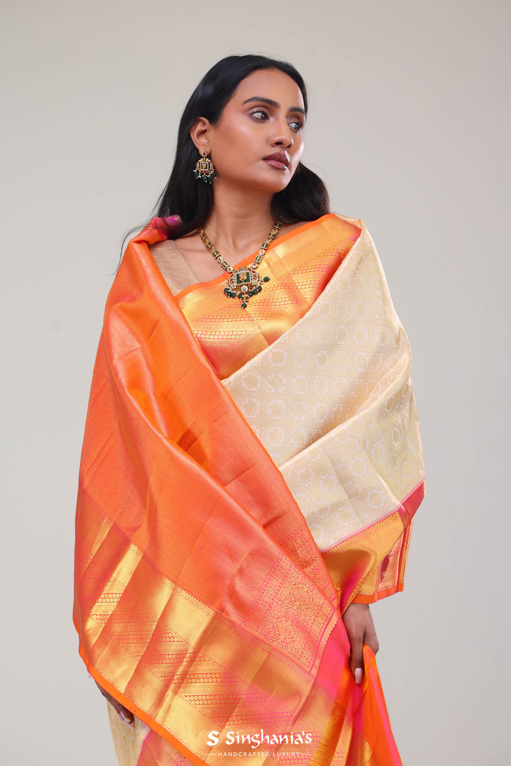 Seashell White Jaal Kanjivaram Silk Saree