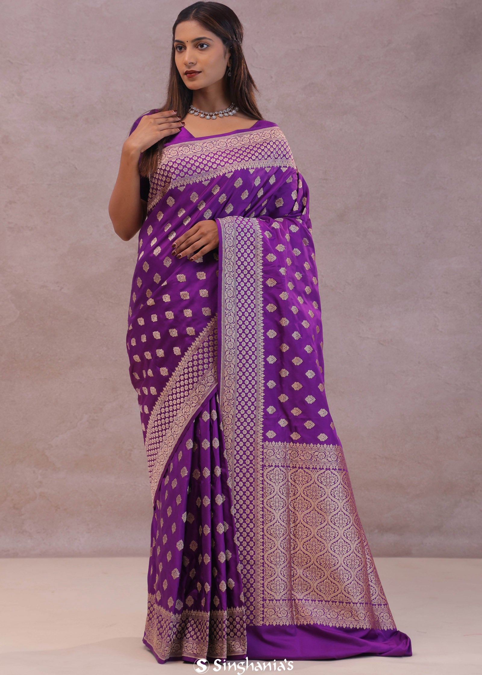 Dark Violet Banarasi Silk Saree With Gold Zari Border Butti