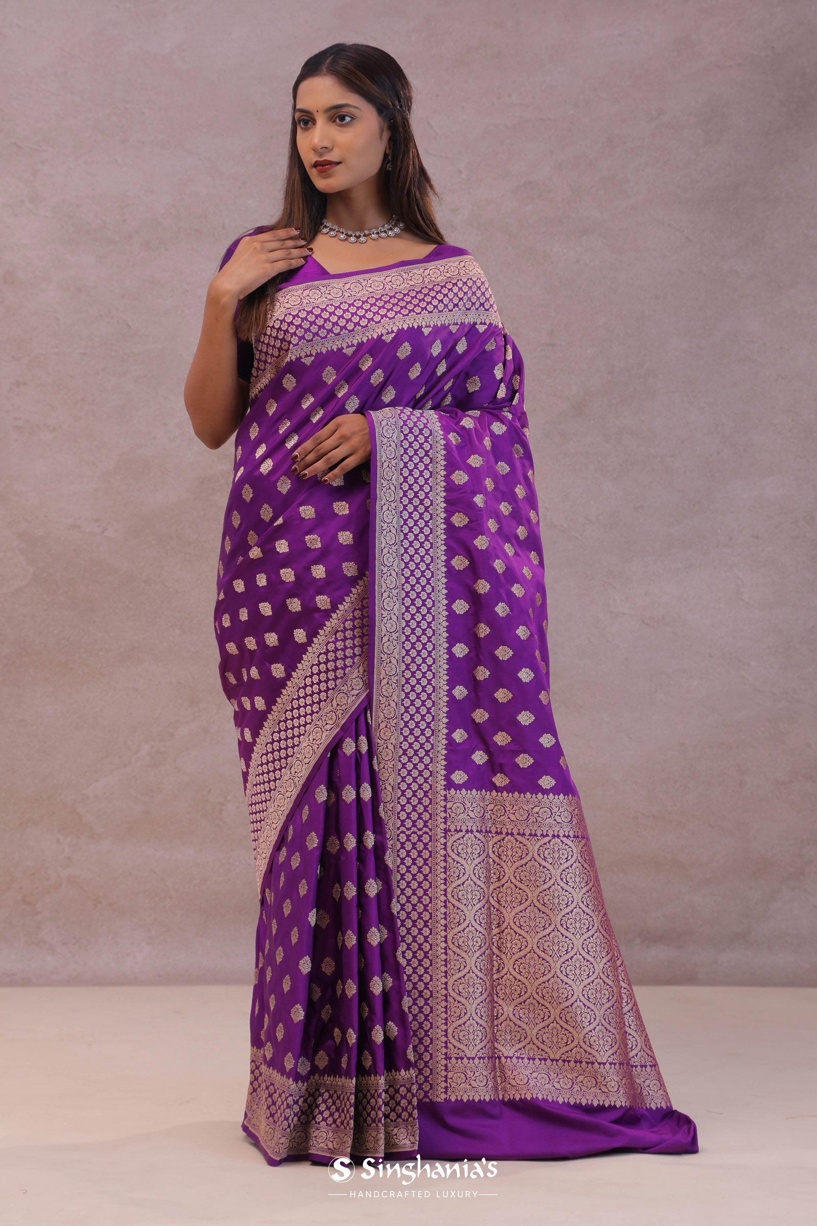 Dark Violet Banarasi Silk Saree With Gold Zari Border Butti