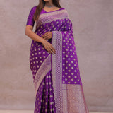 Dark Violet Banarasi Silk Saree With Gold Zari Border Butti