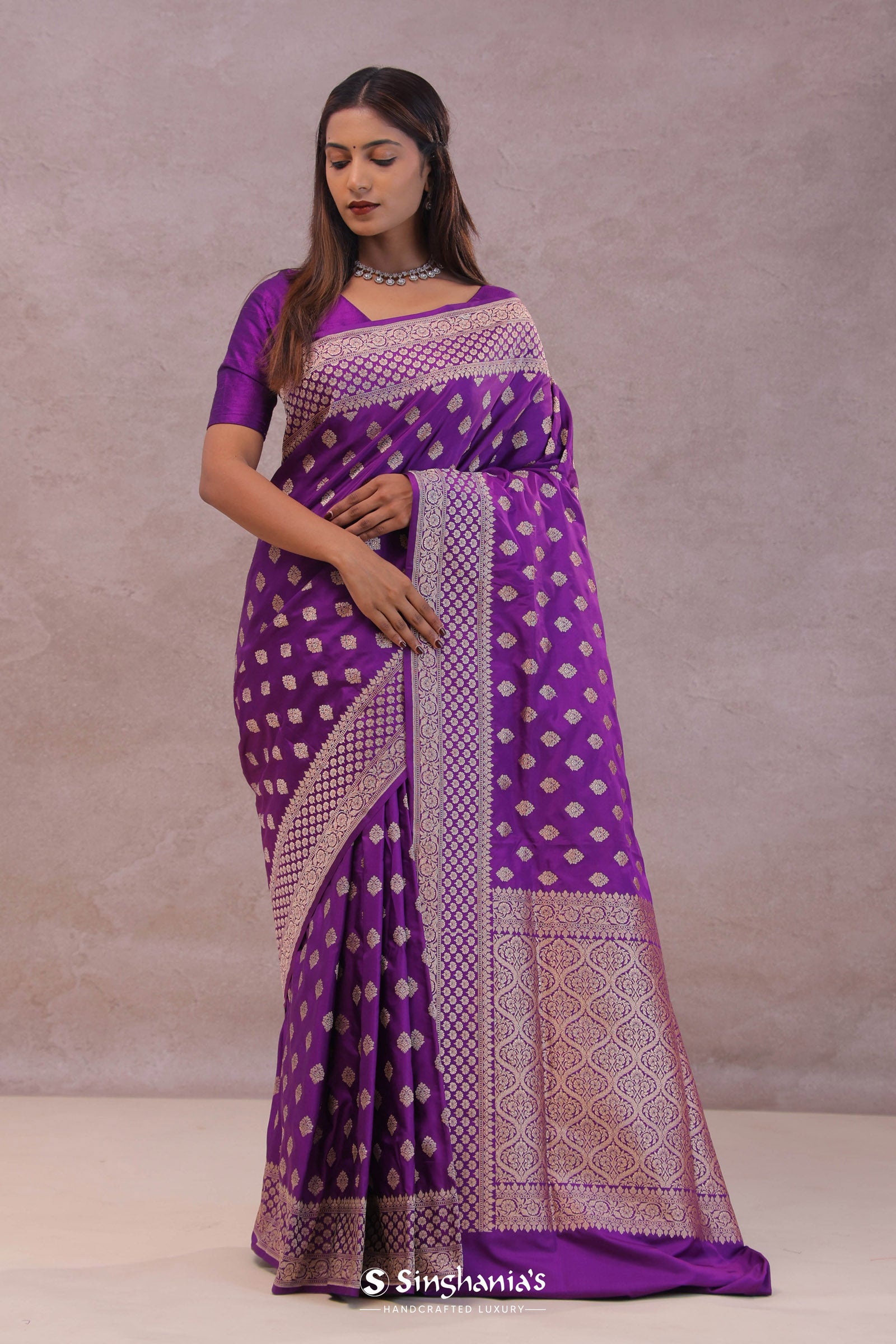 Dark Violet Banarasi Silk Saree With Gold Zari Border Butti