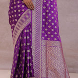 Dark Violet Banarasi Silk Saree With Gold Zari Border Butti