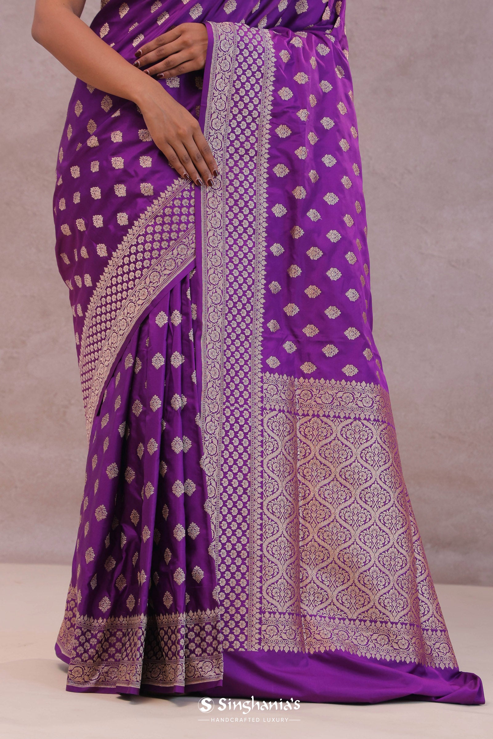 Dark Violet Banarasi Silk Saree With Gold Zari Border Butti