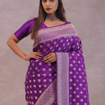 Dark Violet Banarasi Silk Saree With Gold Zari Border Butti