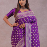 Dark Violet Banarasi Silk Saree With Gold Zari Border Butti