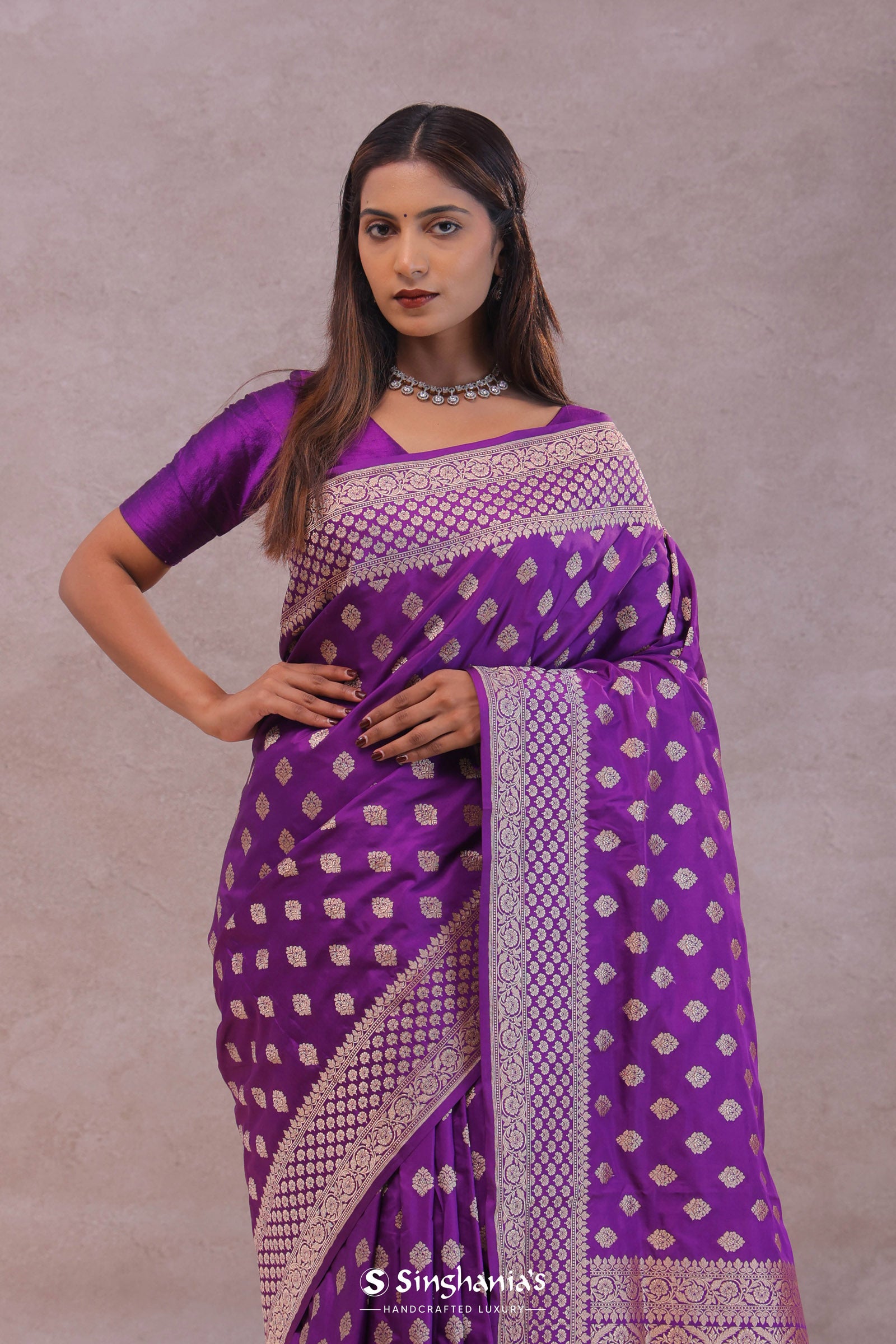 Dark Violet Banarasi Silk Saree With Gold Zari Border Butti