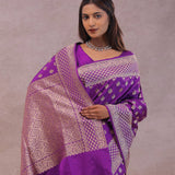 Dark Violet Banarasi Silk Saree With Gold Zari Border Butti