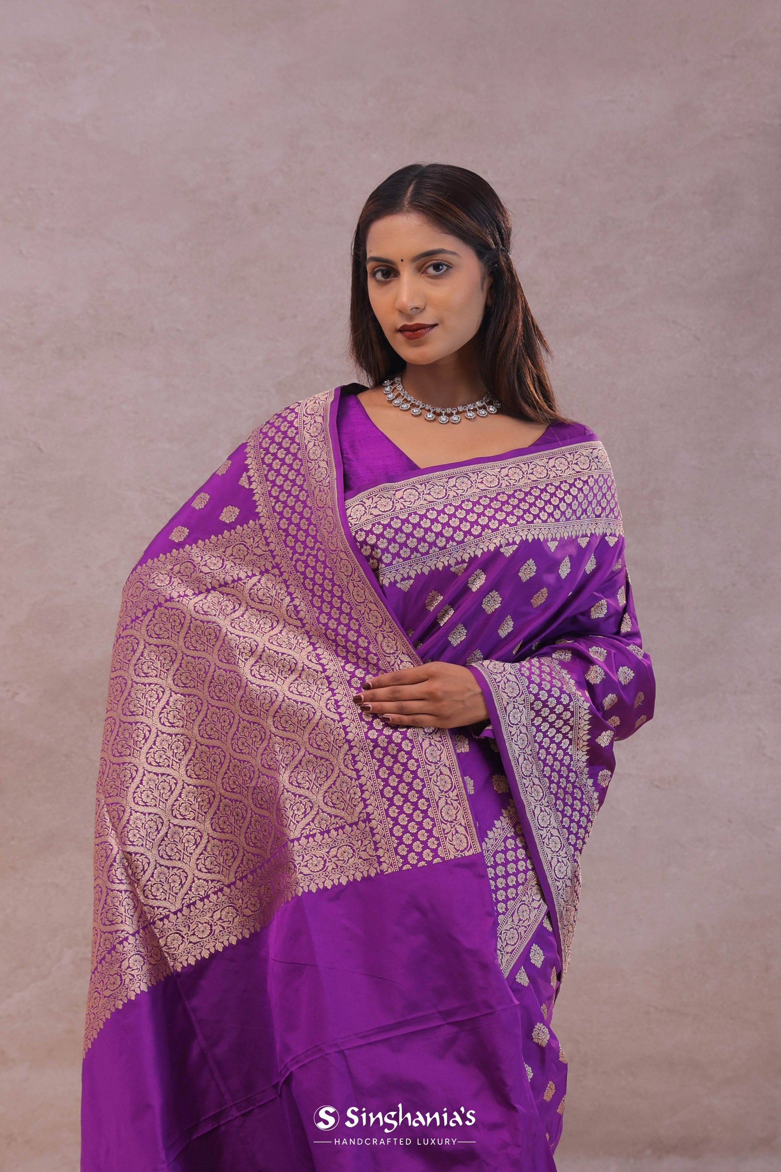 Dark Violet Banarasi Silk Saree With Gold Zari Border Butti