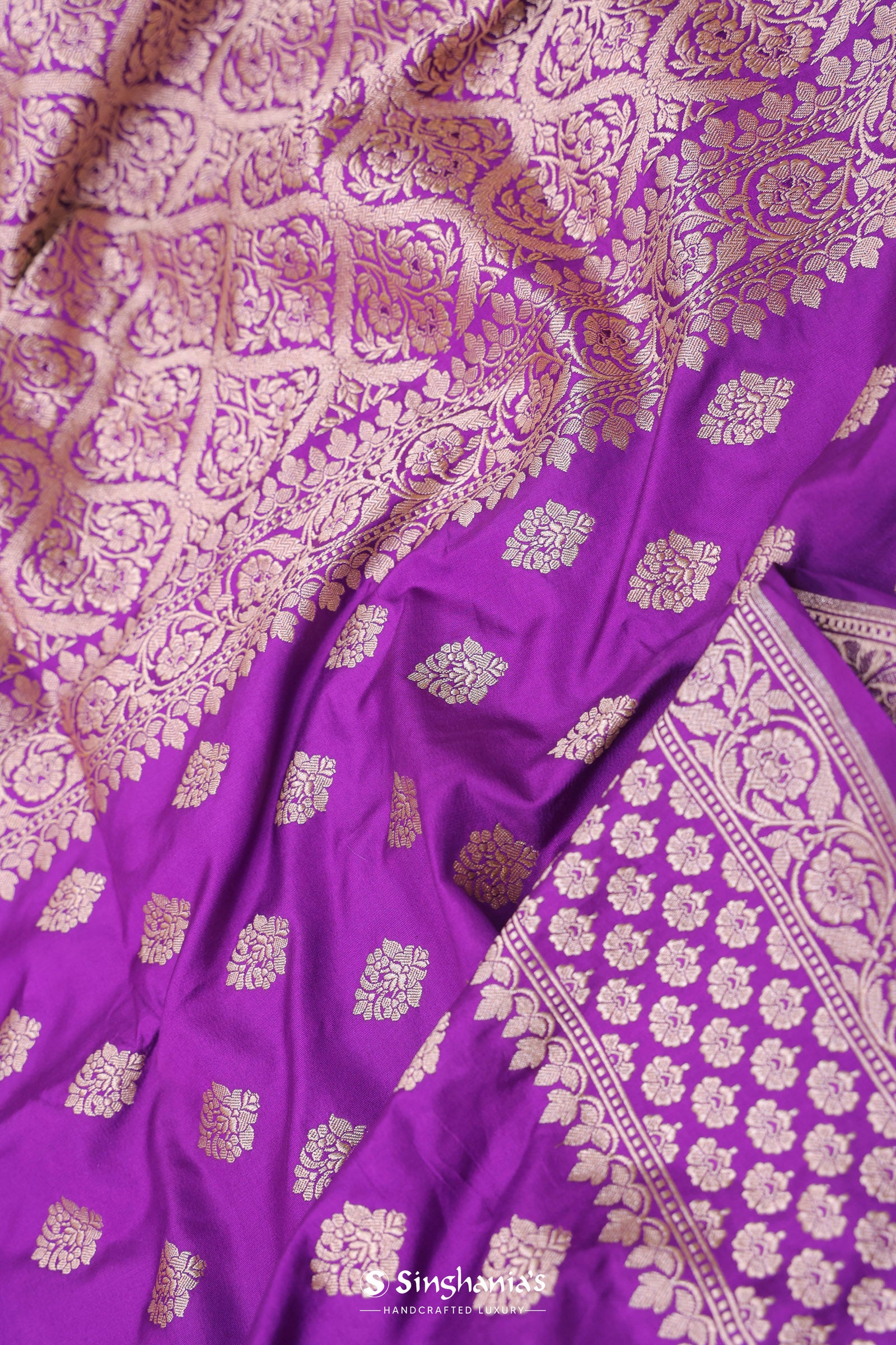 Dark Violet Banarasi Silk Saree With Gold Zari Border Butti