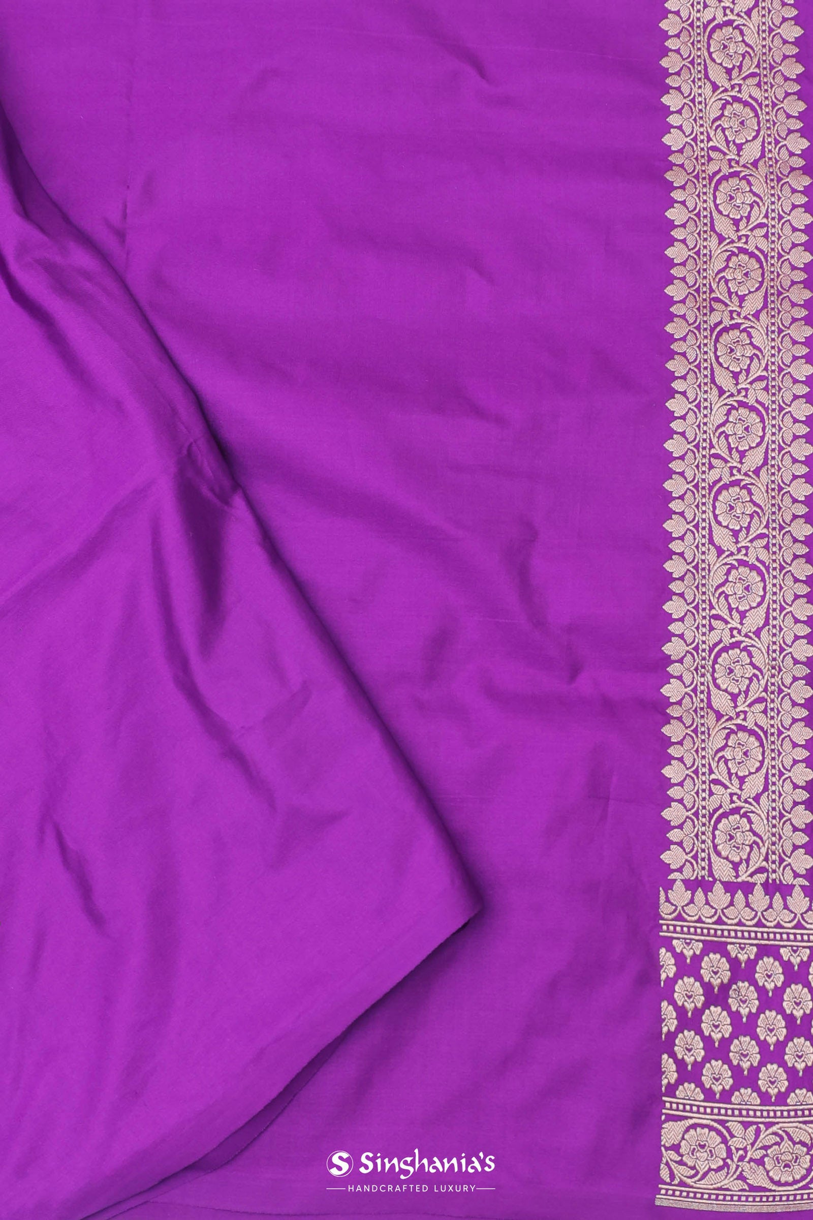 Dark Violet Banarasi Silk Saree With Gold Zari Border Butti