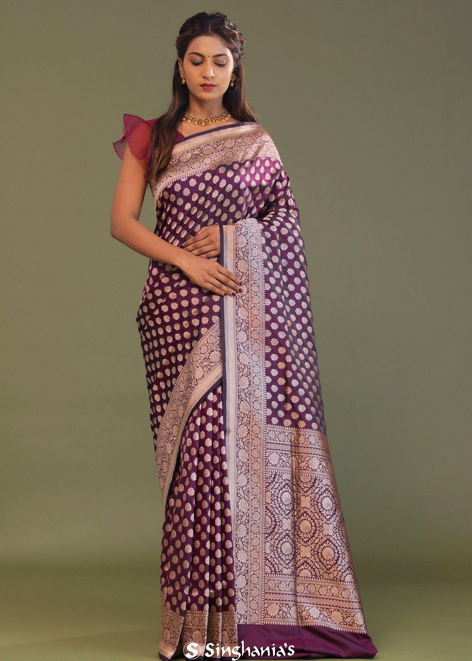 Mulberry Purple Banarasi Saree With Butti'S
